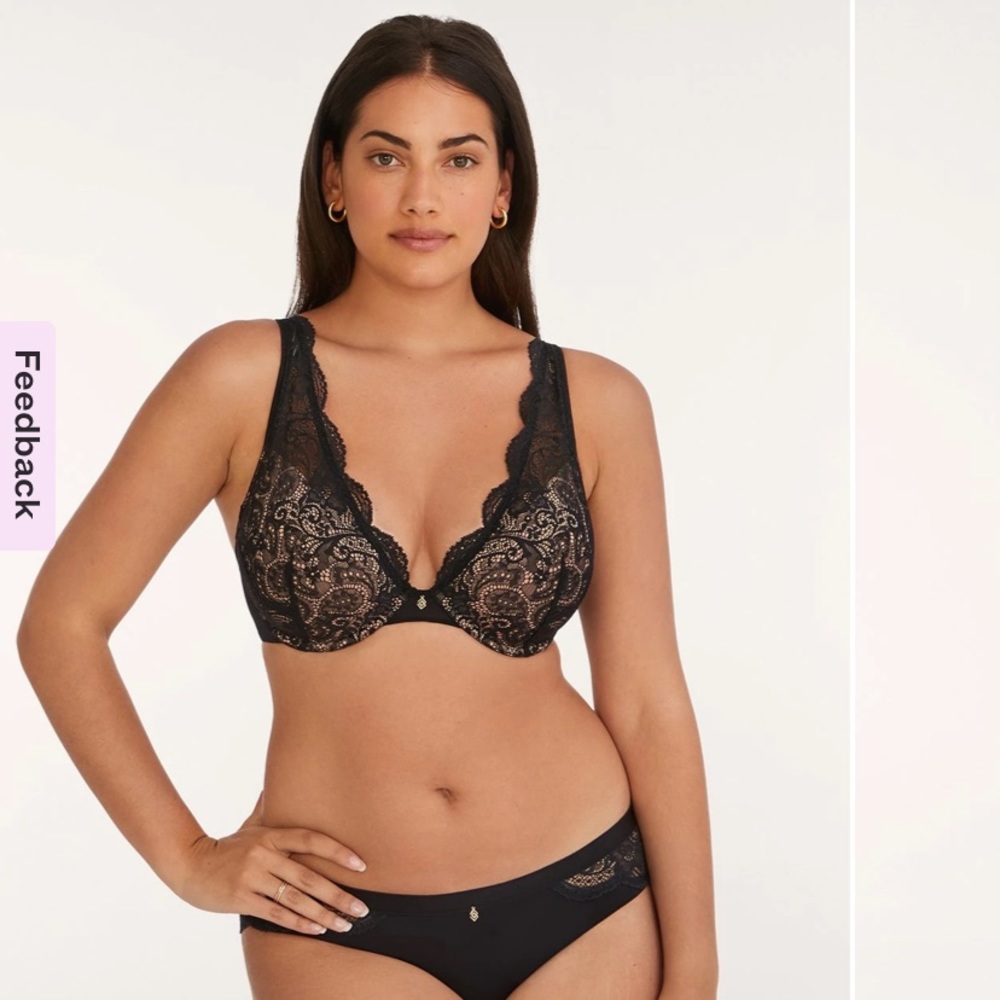 THIRD LOVE 24/7 Black Lace Contour Plunge Bra 36E (DD)